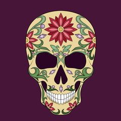 Mexican skull with floral ornament. Vintage vector illustration