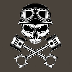 Skull in moto helmet with goggles and pistons