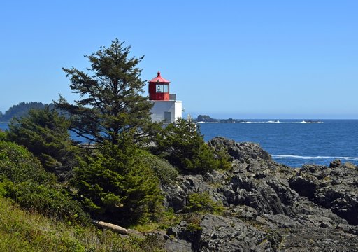Amphitrite Point Lighthouse overlooking the Barkley Sound , Ucluelet Vancouver Island British Columbia Canada