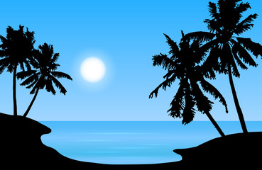 Tropical island landscape vector with palm trees and sun on blue shaded sky.