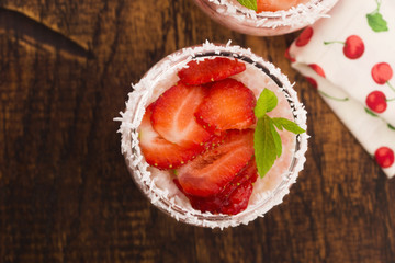 A serving of strawberry over tapioca and jelly