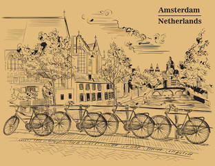 Bicycles on bridge in Amsterdam, brown