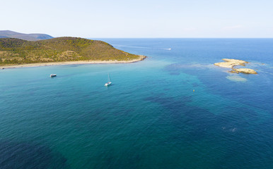 Vista aerea delle isole di Finocchiarola, Mezzana, A Terra, Penisola di Cap Corse, Corsica. Mar Tirreno, Isole disabitate che fanno parte del comune di Rogliano. Francia