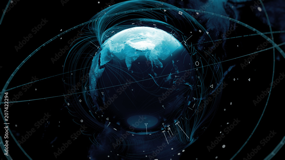 Poster .3d render of globe. digital background with planet surrounded with particles and arcs. technology c