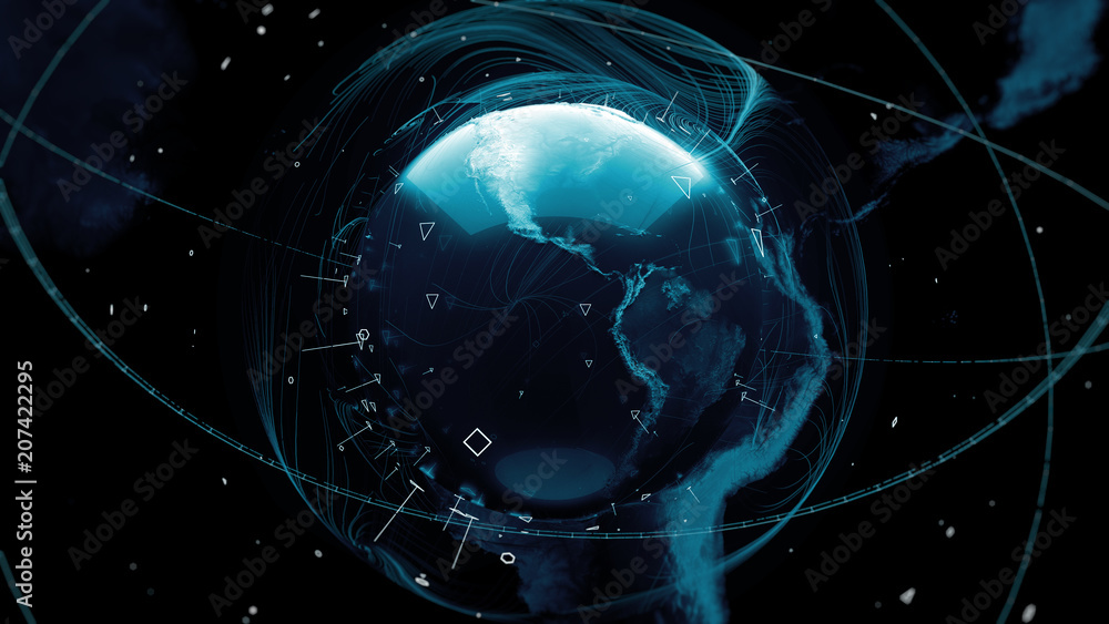 Poster .3d render of globe. digital background with planet surrounded with particles and arcs. technology c