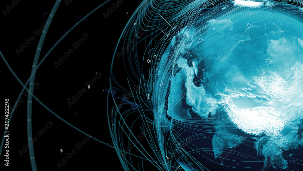 Poster .3d render of globe. digital background with planet surrounded with particles and arcs. technology c