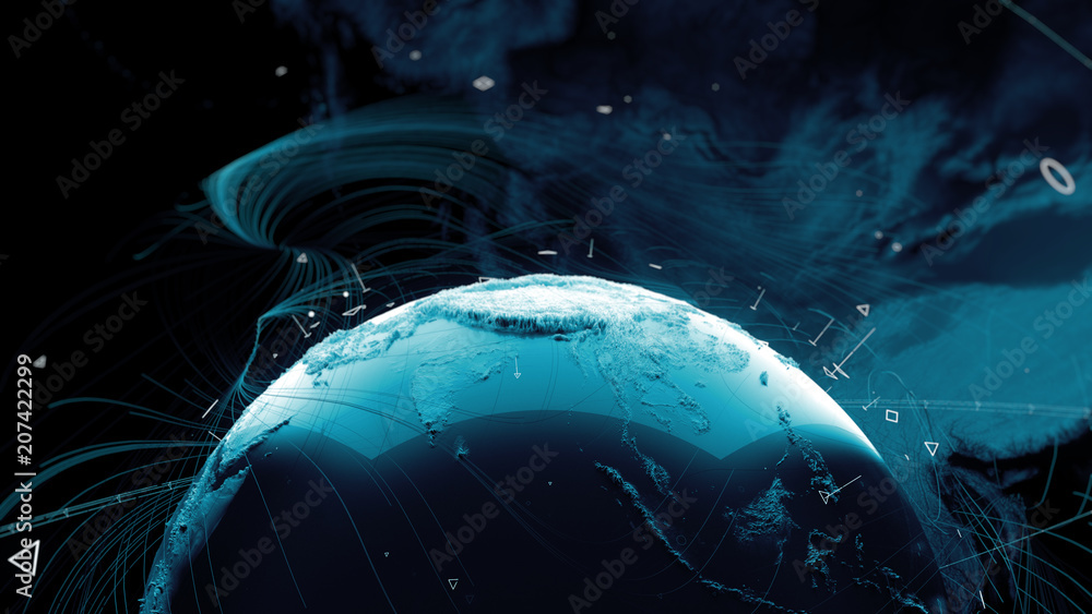 Poster .3d render of globe. digital background with planet surrounded with particles and arcs. technology c