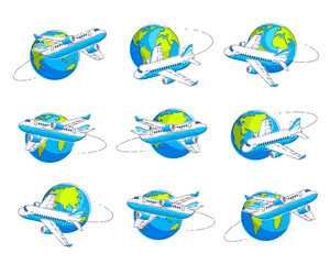 Airlines air travel emblems or illustrations with plane airliner and planet earth. Beautiful thin line vectors set isolated over white background.