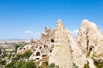 ancient rock settlement near Goreme in Cappadocia