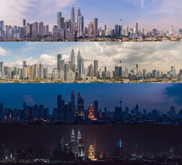 Fototapeta premium Morning afternoon Evening Night. Four time of day. Kuala Lumpur skyline, view of the city, skyscrapers with a beautiful sky