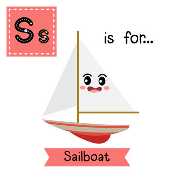 Letter S cute children colorful transportations ABC alphabet tracing flashcard of Sailboat for kids learning English vocabulary Vector Illustration.