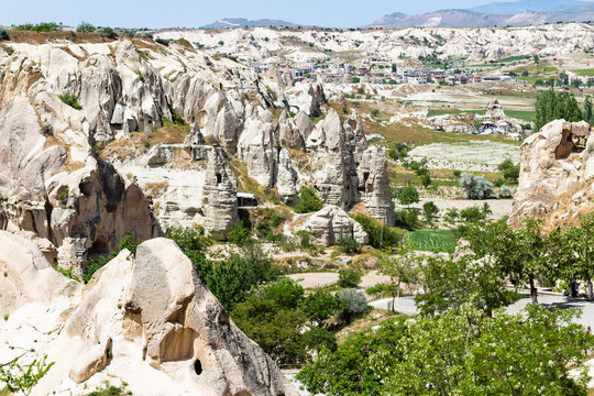 view of valley and Goreme town in Cappadocia