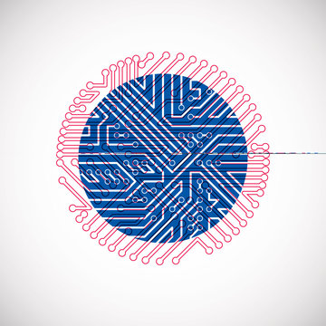 Round circuit board with electronic components of technology device. Computer motherboard cybernetic colorful vector abstraction.