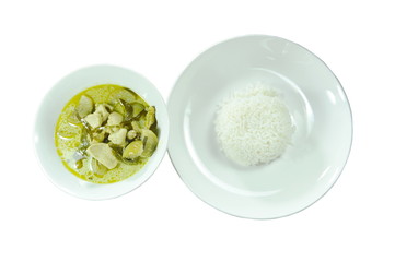 spicy boiled chicken with eggplant in coconut milk green curry  on bowl and rice