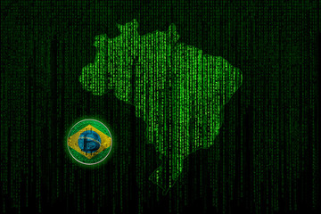 BraZil flag on golden bitcoin with Brazil map. binary code of matrix effect background.
