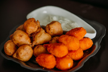 Surimi Crab Claw and battered fish snacks with dip sauce