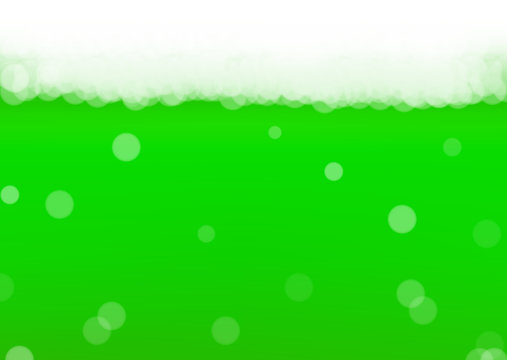 Green beer background for Saint Patricks Day with bubble foam. Cool liquid drink for pub and bar menu design, banners and flyers.  Realistic backdrop with green beer for St. Patrick. Cold ale pint