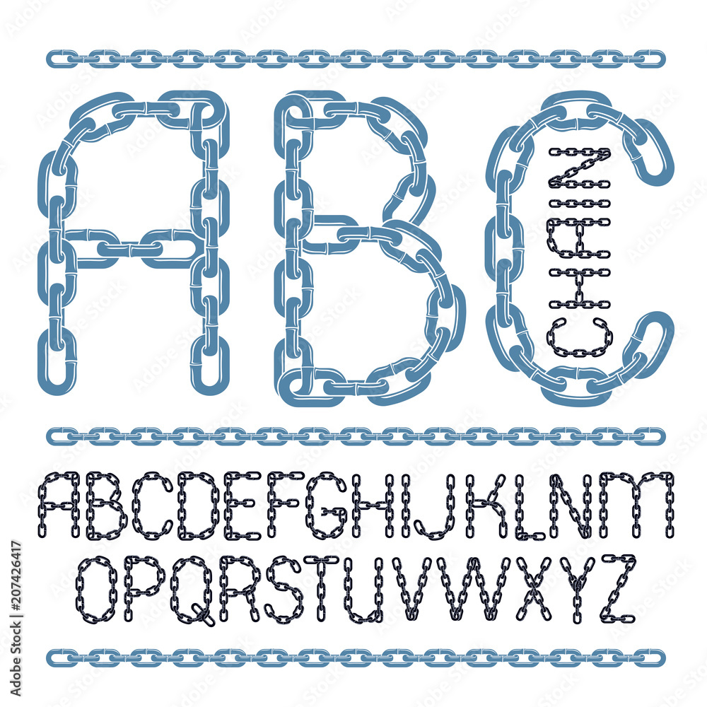 Poster set of vector english alphabet letters, abc isolated. capital decorative font created using chrome c