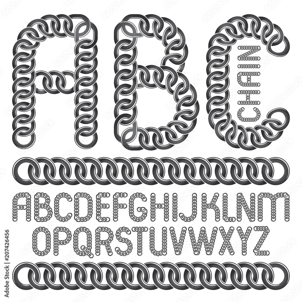 Poster vector script, modern alphabet letters, abc set. capital decorative font created using chrome chain,