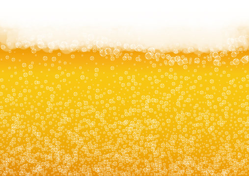 Beer foam background with realistic bubbles.  Cool liquid drink for pub and bar menu design, banners and flyers.  Yellow horizontal beer foam background. Cold pint of golden lager or ale.