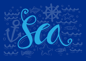 Fototapeta na wymiar Hand Drawn illustration with sea decoration elements and text Sea 
