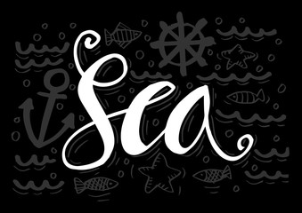 Hand Drawn  illustration with sea decoration elements and text  Sea 