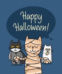 Three cats celebrates Happy Halloween day in the night. Funny cartoon flat vector animal illustration