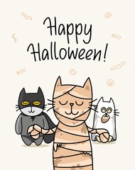 Three cat kids celebrates Happy Halloween day. Funny cartoon flat vector animal illustration