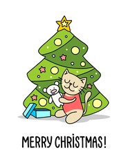 Baby kitty beside christmas tree with xmas gift. Merry Christmas and Happy New Year flat vector illustration poster
