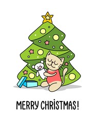 Baby kitty beside christmas tree with xmas gift. Merry Christmas and Happy New Year flat vector illustration poster
