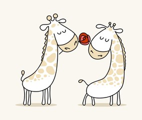 Couple of two cute in loved giraffes. Happy Valentine`s Day vector cartoon illustration poster