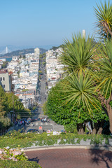 SAN FRANCISCO - AUGUST 7, 2017: Lombard Street and Russian Hill with San Francisco city skyline on a sunny summer day. The city attracts 20 million tourists annually