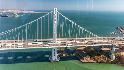 Aerial view of San Francisco Bay Bridge from helicopter
