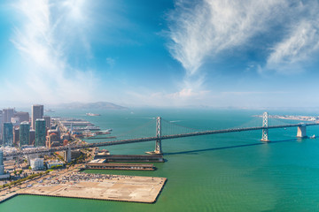 Aerial view of San Francisco Bay Bridge from helicopter