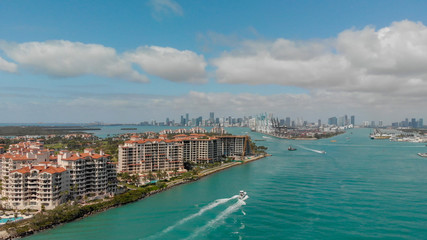 Panoramic aerial view of Miami skyline from South Pointe Pier