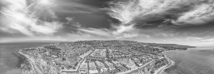 Aerial panoramic view of Rancho Palos Verdes coastline at sunset, California - USA