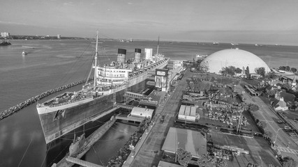 Aerial view of Queen Mary ship in Long Beach, California