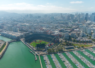 San Francisco stadium and downtown skyline from helicopter