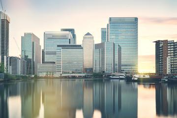 Canary Wharf in London, cityscape on a sunny afternoon.