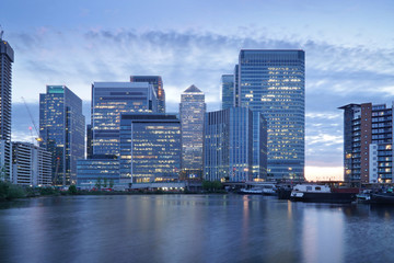 Canary Wharf in London, cityscape on a cloudy evening.