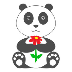 Toy panda seating and holding red flower in his paw. Friendship concept. Vector illustration.