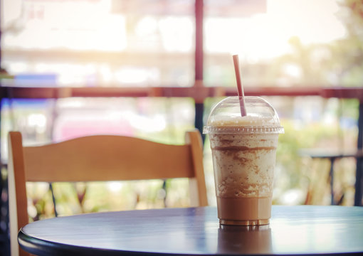Caramel Macchiato freppe at coffee shop.