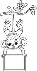 Black and white illustration of a cute monkey. Vector illustration.