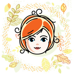 Girls face, human head. Vector character, beautiful red-haired teenager with stylish haircut.