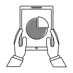 hands holding mobile with financial pie chart vector illustration