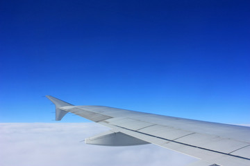 Wing of an airplane in the sky