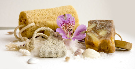 Sea salt crystals for bathroom, pumice, luff,  alstroemeria flower, body brush, shells, handmade soap with the addition of sand for heels