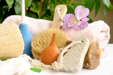 Sea salt crystals for bathroom, pumice, luff,  alstroemeria flower, body brush, shells, handmade soap with the addition of sand for heels