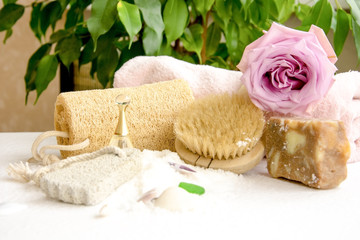 Sea salt crystals for bathroom, pumice, luff,  rose flower, body brush, shells, handmade soap with the addition of sand for heels