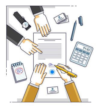 Bank customer write a sign on financial form of money credit with employee helps him and explains the terms of loan or Businessman signs contract paper, top view of desk with people hands. Vector.